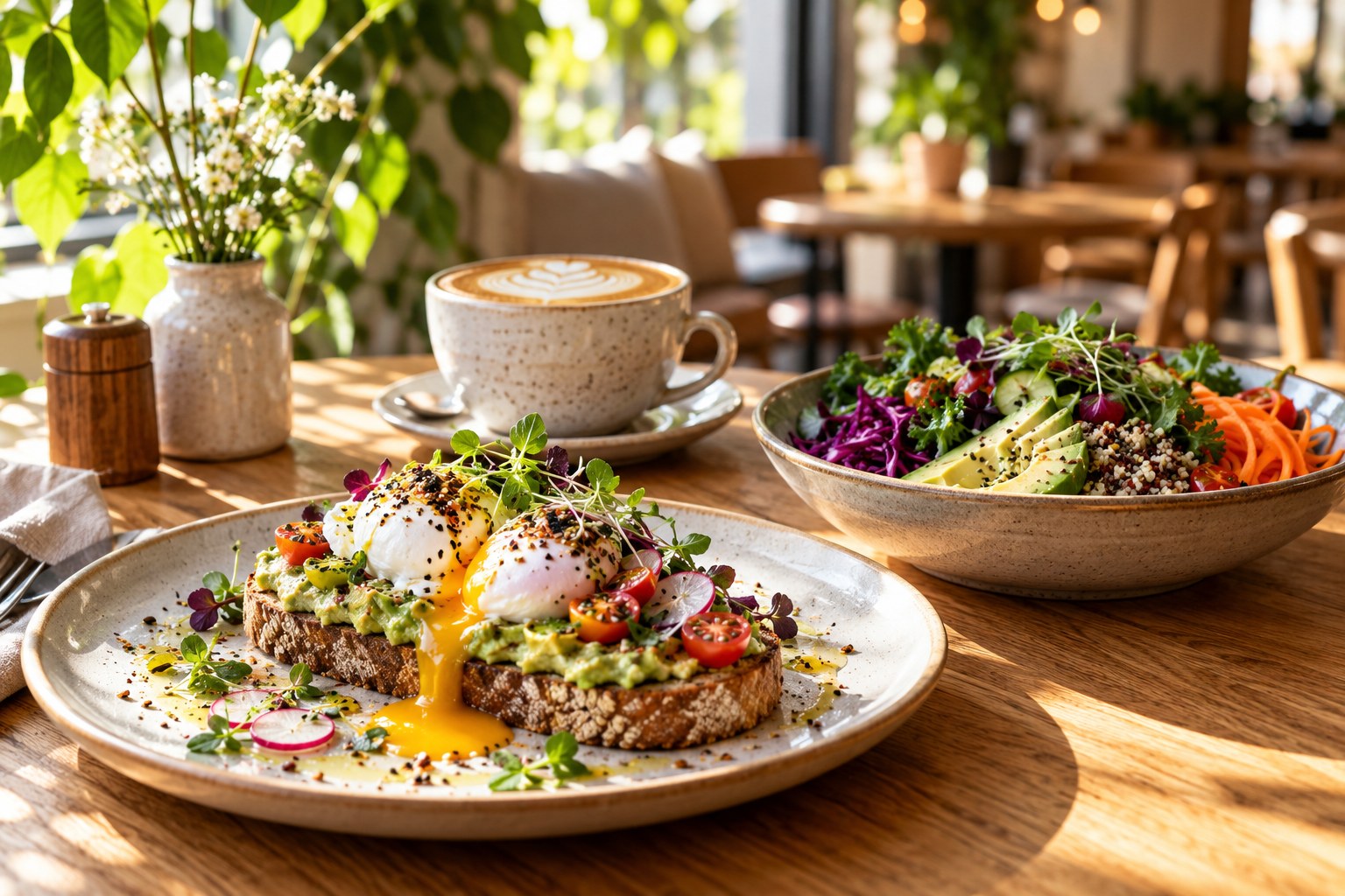 Illustrative Darstellung von Kaffee, Toast und einer Bowl